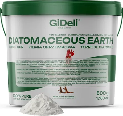 A white plastic tub of diatomaceous earth with a green lid, shown with a pile of the product in front of it.