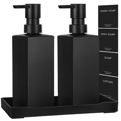 Immagine prodotto di Set di 2 dispenser per sapone in vetro nero opaco, capacità 350 ml, con vassoio e etichette