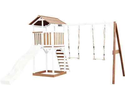 Immagine prodotto di AXI Beach Tower parco giochi in legno in marrone e bianco | Torre di gioco con sabbiera, doppia altalena e scivolo bianco | Casa per bambini su palafitte per il giardino