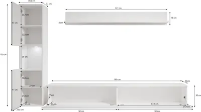 A white modular wall unit with LED lighting, shown with dimensions and measurements.