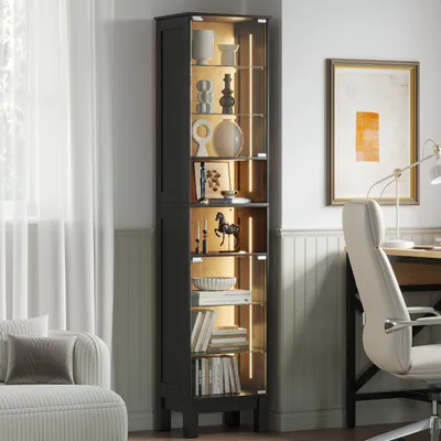 LED-Glasvitrine 180 cm, 8 Etagen, schmal, verstellbare Böden, Schwarz