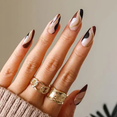 Image de Ongles factices en forme d'amande, design abstrait, motif tourbillonnant, couleur marron, 24 pièces, en acrylique, à coller