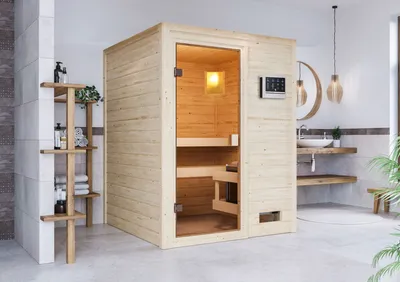 Produktbild von Karibu Sauna Innensauna Sandra Fronteinstieg Ofen 3,6 kW intgr. Strg 145x145x187 cm ohne Dachkranz