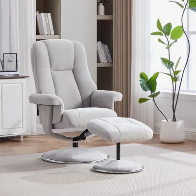 Produktbild von Relaxsessel mit Hocker, drehbarer Chenille-Sessel, 145° verstellbare Rückenlehne, 360°-Drehung, Grau