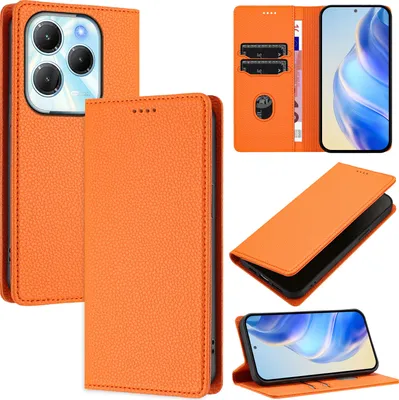 Produktbild von Litchi Leder Handyhülle für Infinix Hot 40/Hot 40 Pro/Tecno Spark 20 Pro 4G Wallet Kartenfächer Standfunktion Hülle Orange