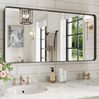 Image de Miroir de salle de bain, format 122 x 61 cm, cadre en métal noir mat, verre trempé, angles arrondis, résistant à la corrosion
