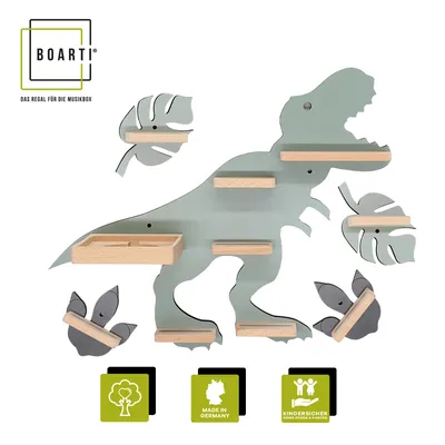 Produktbild von BOARTI Kinderregal Tier Dinosaurier | hängend für Toniebox und Tonie Figuren | Regal | H. 44 x B. 53 x T. 19 | Wandregal Musikbox und Figuren Aufbewahrung mit Magneteinsätzen | Aufbewahrungsregal Holz Dino