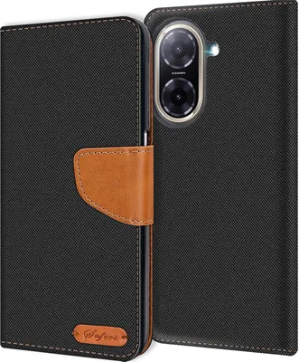 A flip case for a smartphone, shown open, with the phone's camera visible.