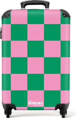Produktbild von NoBoringSuitcases.com® Koffer Handgepäck Trolley Rollkoffer Kleine Reisekoffer mit 4 Rollen - Rosa mit grünem Schachbrettmuster - Cabin Size < 55x40x23 cm & 55x40x20 cm - Fotokoffer - Kabinenkoffer - BoardgepäckHandgepäck Koffer 55x35x20 cm, 36L,