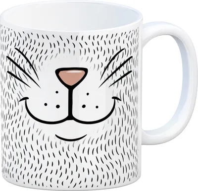 Produktbild von Katzengesicht Kaffeebecher mit süßem Lächeln einer Katze in weiß