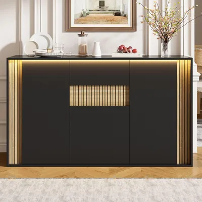 Produktbild von Merax Sideboard, Kommode mit 3 Türen und Schublade, LED Beleuchtung, Aufbewahrungsschrank mit Stauraum für Wohnzimmer Esszimmer, Schwarz