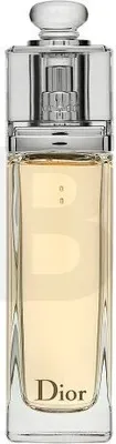 A clear, front-facing studio shot of a Christian Dior Addict perfume bottle.