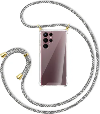 Produktbild von Handykette Backcover-Schutzhülle mit Band (Metall goldfarben) für Samsung Galaxy S22 Ultra 5G (S908) - weiß/grau kariert