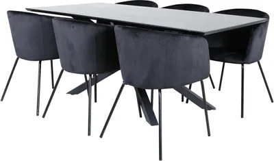 Produktbild von PiazzaBLBL Essgruppe Esstisch schwarz und 6 Berit Esszimmerstühle Velour schwarz.