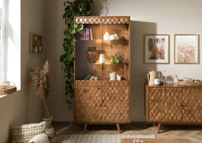 Produktbild von MASSIVMOEBEL24 Vitrine Akazie 90x42x190 Akazie natur lackiert MOSAYK  #114