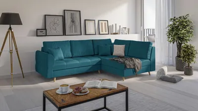 Produktbild von S-STYLE MÖBEL - Ecksofa mit Holzfüßen im skandinavischen Stil Marco aus Blau Luxusmicrofaser - Ottomane rechts - B/T/H: 231 cm/161 cm/81 cm