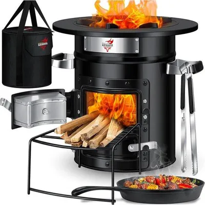 Produktbild von Famanu Rocket Stove Grillpfanne aus Gusseisen mit Tragetasche - Campingkocher, schwarz