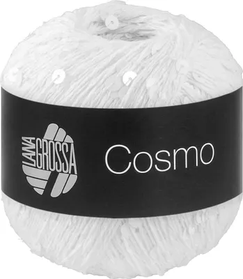 A ball of white yarn with sequins, with a black label wrapped around it.
