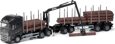 Zdjęcie produktu dla Emek 71303 Volvo FH16 750 XL czarny transporter drewna z dźwigiem kabinowym plus przyczepa 4 -osiowa