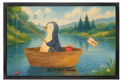 Produktbild von Mr. & Mrs. Panda Schmutzfangteppich Pinguin Angelboot Design 40 x 60 cm - Weiß - Geschenk, Scheidung, Eingangsteppich, Boot, Gummimatte, Fussmatte, fußmatte, Leben