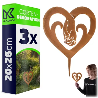 Produktbild von KADAX Gartenstecker Herz aus Cortenstahl, 20 x 26 cm, 3 Stück, Rostdeko für draußen, Edelrost Gartendekoration zum Stecken, Vintage Gartendeko, Metall Roststecker