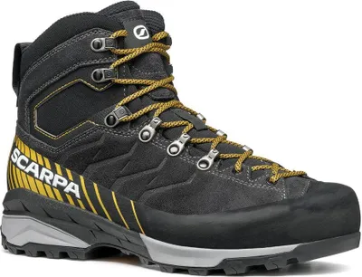 Schwarz-gelbe Zustiegsschuhe für Herren von Scarpa; Modell Mescalito TRK GTX; mit Schnürung und robustem Design.
