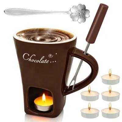 Produktbild von Schokoladenfondue Set Keramik Schokofondue - 200 ml - Mit Gabel und Teelichtern - Weiß