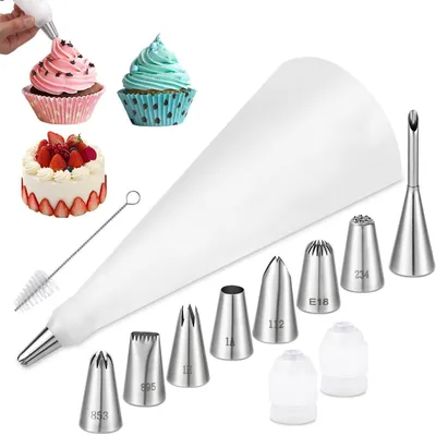 Produktbild von Spritzbeutel Set 12-teilig mit 8 Edelstahl-Tüllen, 35cm Spritztüte, wiederverwendbar, spülmaschinenfest, Adapter, Reinigungsbürste