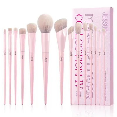 Zdjęcie produktu dla Zestaw pędzli do makijażu, 14 sztuk, różowy, wegański. Zawiera pędzle do podkładu, korektora, cieni do powiek, eyelinera, pudru oraz rozświetlacza i pędzle do makijażu twarzy