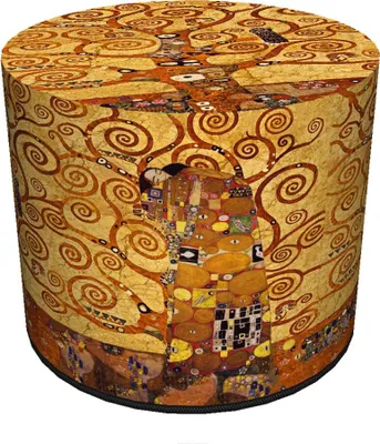 A cylindrical ottoman or pouf decorated with Gustav Klimt's 'The Kiss' painting, featuring a tree motif and swirling patterns.