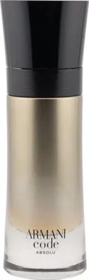 Armani Code Absolu Eau de Parfum im goldfarbenen Flakon mit schwarzem Deckel und elegantem Farbverlauf von Gold zu Transparent.