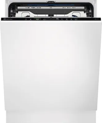 A white built-in dishwasher with the door open, showing the control panel.