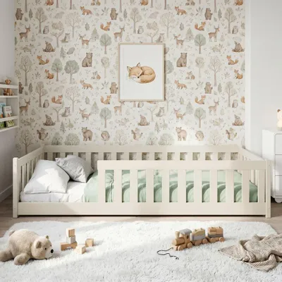 Produktbild von Kinderbett BELY 90x200 cm mit Rausfallschutz Bodenbett Holzbett aus Kiefer - Baumwolle