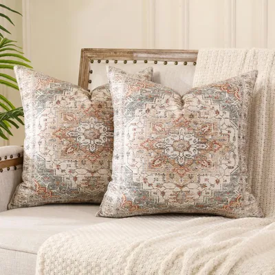 Produktbild von Set mit 2 Boho-Kissenbezügen 45x45 cm, dekorative, doppelseitige quadratische Kissenbezüge im Boho-Retro-Ethno-Stil für Sofa und Schlafzimmer
