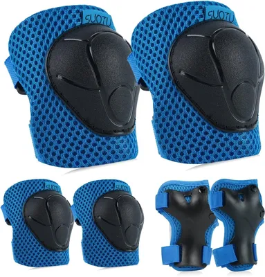 Image de Suotu protection pour genoux, enfants, couleur bleue, taille M, 7–13 ans. Ensemble de protections pour les genoux, les coudes et les poignets