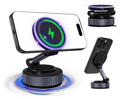 Productafbeelding van Magnetische telefoonhouder voor auto, 15W, 360° draaibaar, met vacuümzuiger en plakpad, geschikt voor iPhone en Android