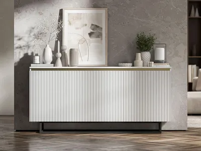 Produktbild von Kommode RTV SELENE 3D von Lindner Möbel – dreitürig – 166,8 x 35 x 78,4 cm Farbe: Weiß matt- Italienische Tiefmattfolie