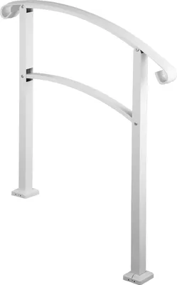 A white outdoor handrail for stairs against a white background.