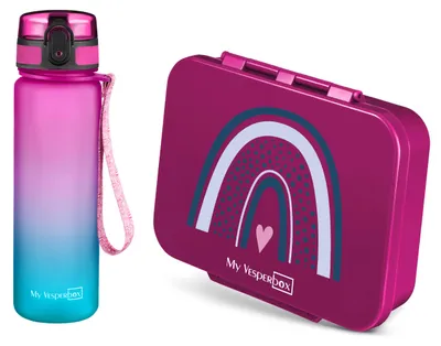 Produktbild von My Vesperbox Bia Brotdosen-Set – Box Lila - Regenbogen, Minny Trinkflasche Lila/Blau (500 ml)