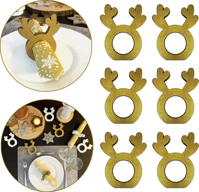 Produktbild von Oblique Unique 6 Holz Serviettenhalter mit Hirsch Geweih für Weihnachten Tisch Deko Serviettenringe - gold