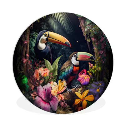Produktbild von MuchoWow® Rundes Wandbild - Runde Bilder Tukan - Blumen - Pflanzen - Dschungel Ø 90 cm Kreis Wanddekoration Kunststoff - Wandkreis - Wandschmuck - Wand-Kreis - Wohnzimmer - Bild - Runde - Wanddeko - Dibond - Kunstdrucke