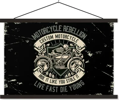 Produktbild von MuchoWow® Textilposter Motorrad - Skelett - Vintage - Zitat 90x60 cm mit schwarzem Rahmen - Aufhängungssatz