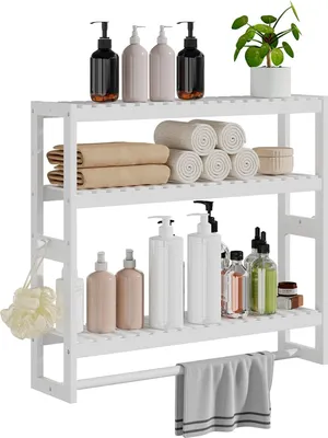 Productafbeelding van Badkamerplank 3-laags, verstelbaar, bamboe, wit, voor badkamer