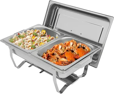 Obrázek produktu pro Sada ohřívacích nádob pro bufet, 6 litrů, nerezová ocel, ohřívač jídla se 2 nádobami, obdélníkový ohřívač pro catering, oslavy, svatby, restaurace, včetně stojanu a držáku paliva