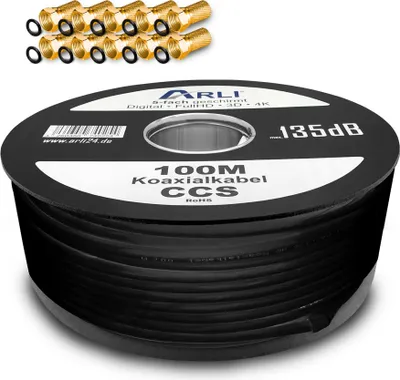 Produktbild von 100m ARLI Koaxialkabel Schwarz – max. 135 dB 5-fach geschirmt UV-beständig + 10x F-Stecker vergoldet mit breiter Mutter & Dichtring für DVB-S DVB-T2 4
