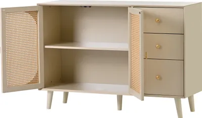 Produktbild von Flieks Rattan Kommode mit Tür, Sideboard Wohnzimmerschrank mit 3 Schubladen, Schubladenkommode Aufbewahrungskommode, 120x40x82.5cm, Creme