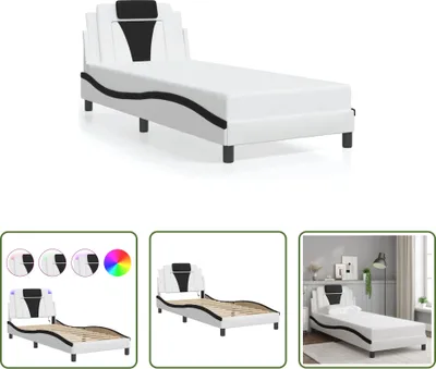 Produktbild von The Living Store Bettgestell mit LED Weiß und Schwarz 90x200 cm Kunstleder