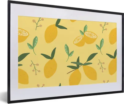 Produktbild von MuchoWow® MuchoWow® Gerahmtes Poster Zitrone - Blätter - Muster 60x40 cm - Poster mit zchwarzem Bilderrahmen - Schlafzimmer - Plakat in Rahmen - Drucken