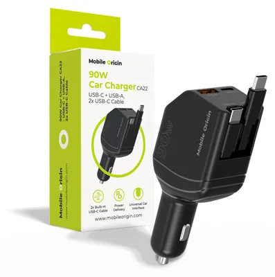 Immagine prodotto di Caricabatteria da auto Mobile Origin 90 W Ca22 - USB-C + USB-A, 2 cavi USB-C