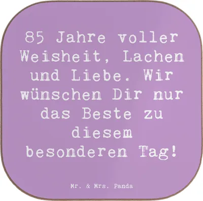 Produktbild von Mr. & Mrs. Panda Untersetzer für Gläser Spruch 85. Geburtstag - Lavendeltraum - Geschenk, Lachen, Jubilar, Gelassenheit, Alter, Holzuntersetzer, gläseruntersetzer